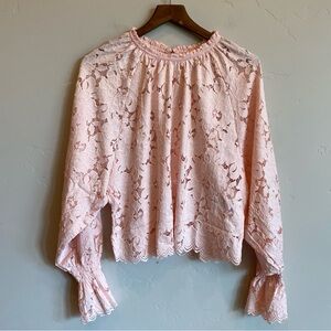 FREE PEOPLE Light Pink Olivia Floral Lace Balloon Sleeve Romantic Boho Blouse